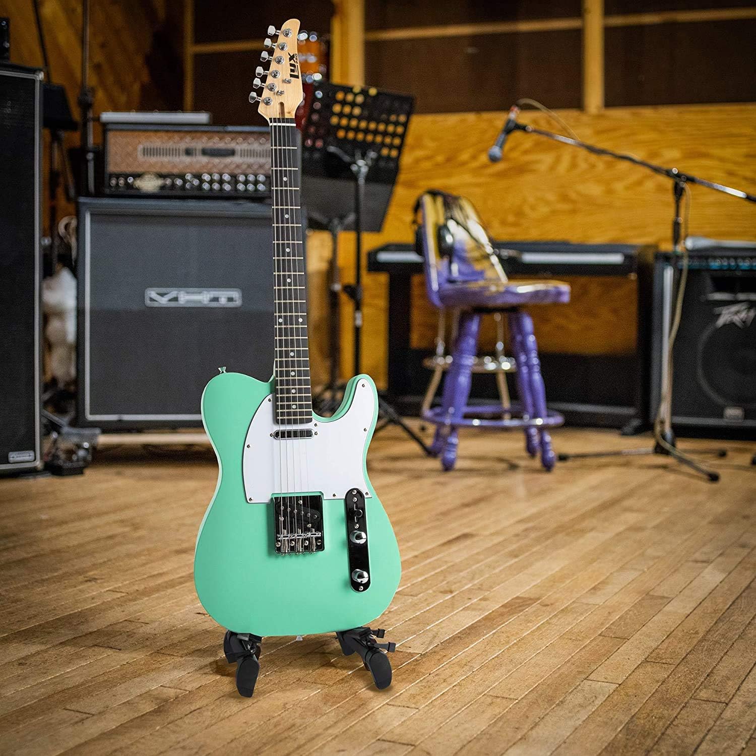 LyxPro Full-Size 39” Electric Telecaster Guitar Green, Solid Wood, Mackie Onyx Artist 2-2 Audio/Midi interface With Pro Tools First/Tracktion Music Production Software Kit, Professional Headphones