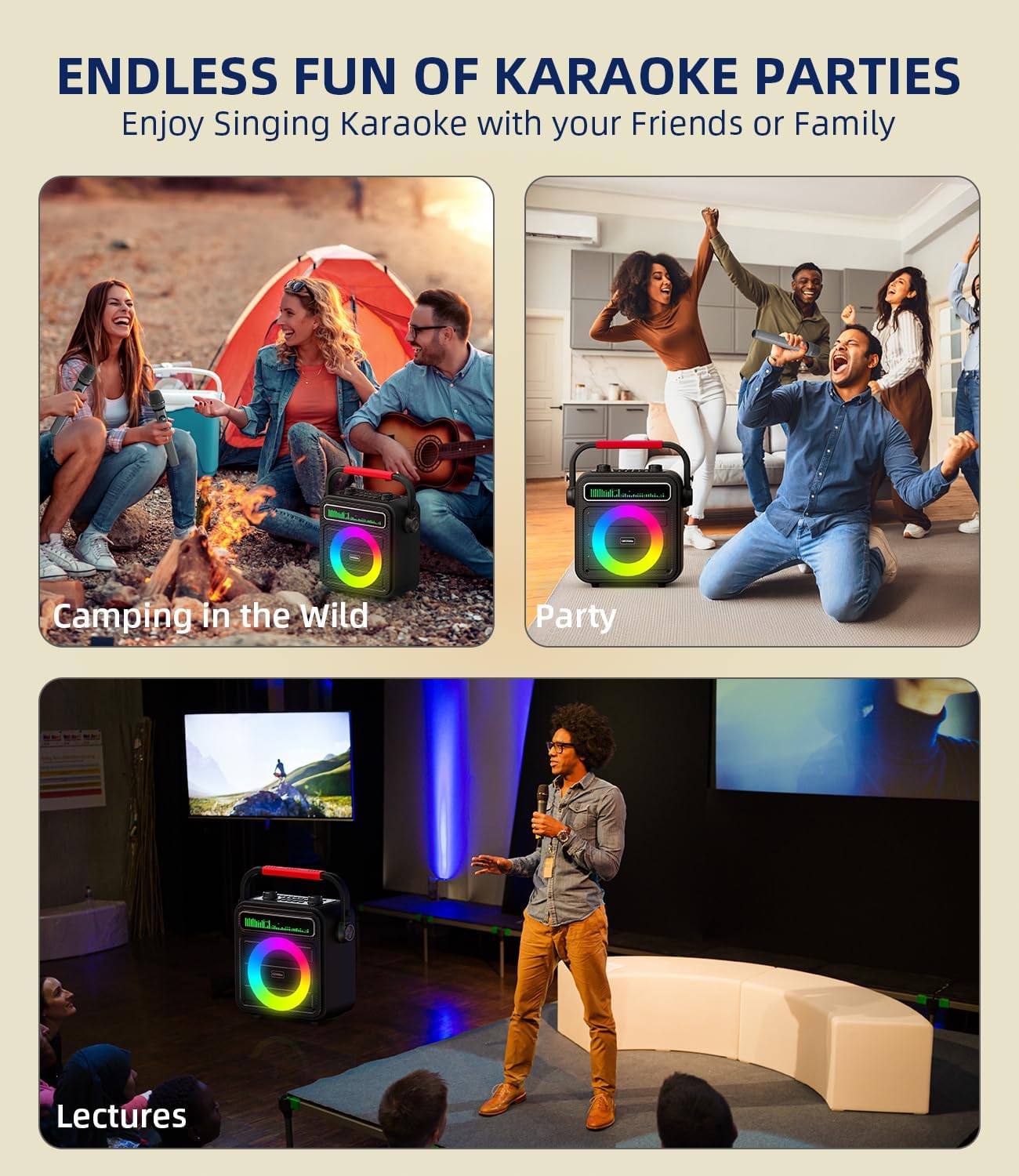 Karaoke Machine 2 Wireless Microphones, Portable Bluetooth Speaker w/PA System for Adults & Kids with LED Lights, Bass/Treble Adjustment, Supports REC/TWS/FM/AUX/USB/IF Card for Party