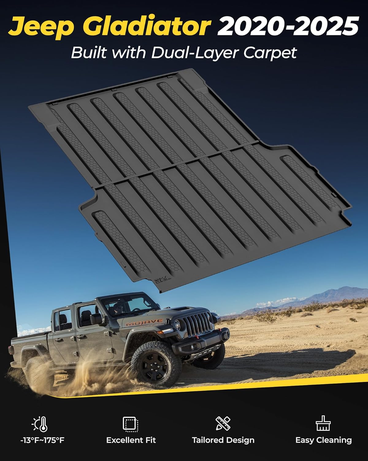 3W Truck Bed Mat Fit for 2020-2024 2025 Jeep Gladiator (5ft Bed), All Weather Protection Custom Fit TPE Heavy Duty Truck Bed Liner for Jeep Gladiator JT Accessories Black