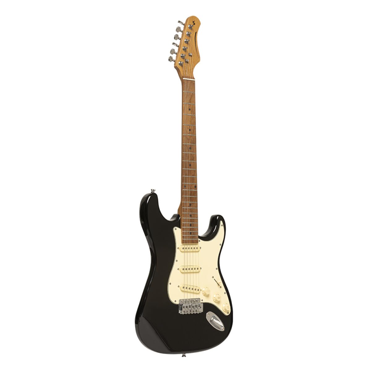 Stagg SES-55 BLK Series 55 Electric Guitar with Solid Paulownia Body l Tempered Maple Neck l 22 Fret Maple Fingerboard l Aged White 3-Ply Pickguard l Brilliant Black Finish