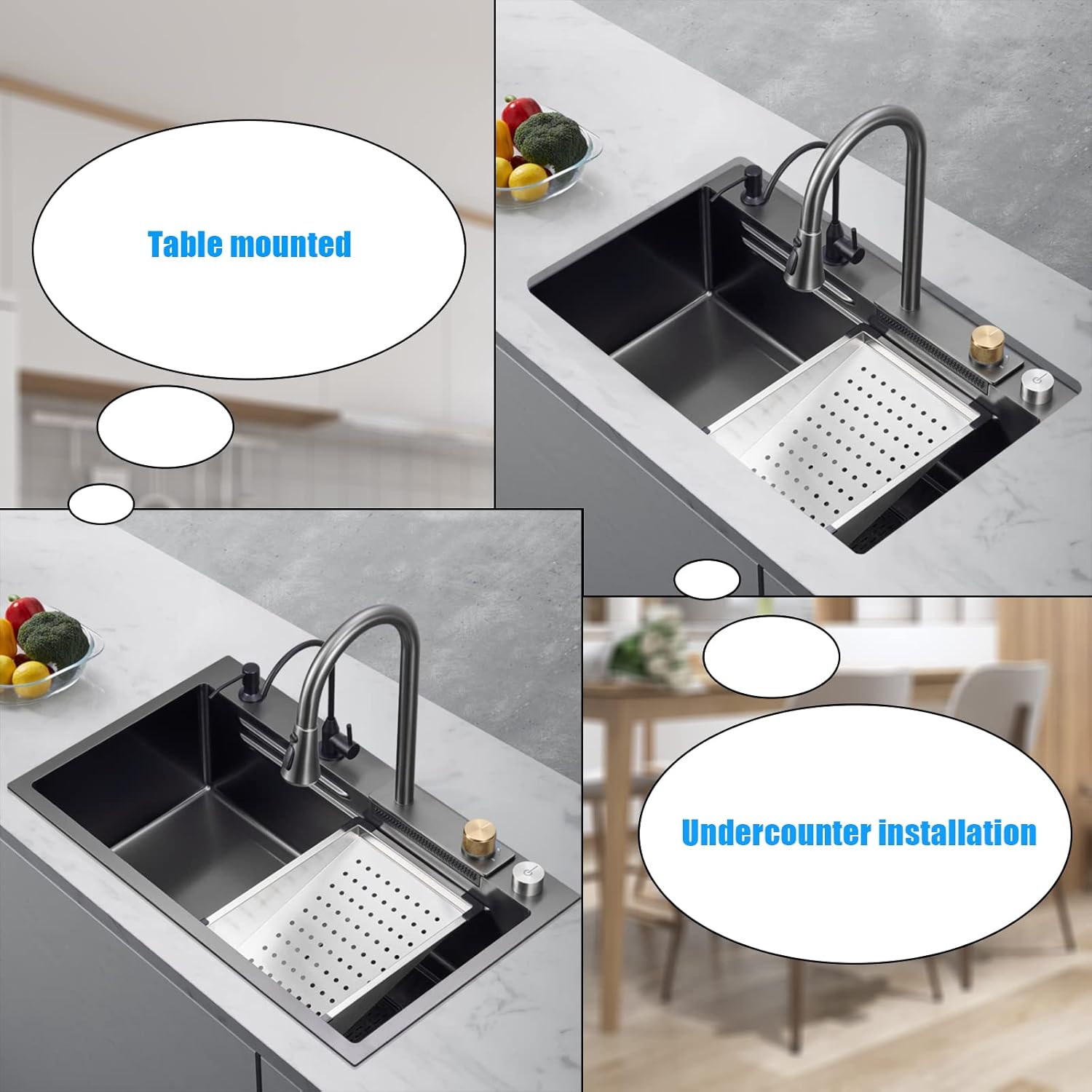 Kitchen Sink Flying rain Waterfall Single Sink with Pull-Out tap, pressurised Cup Washer, Chopping Board and Other Accessories Workstation - Gun Grey, 80 * (