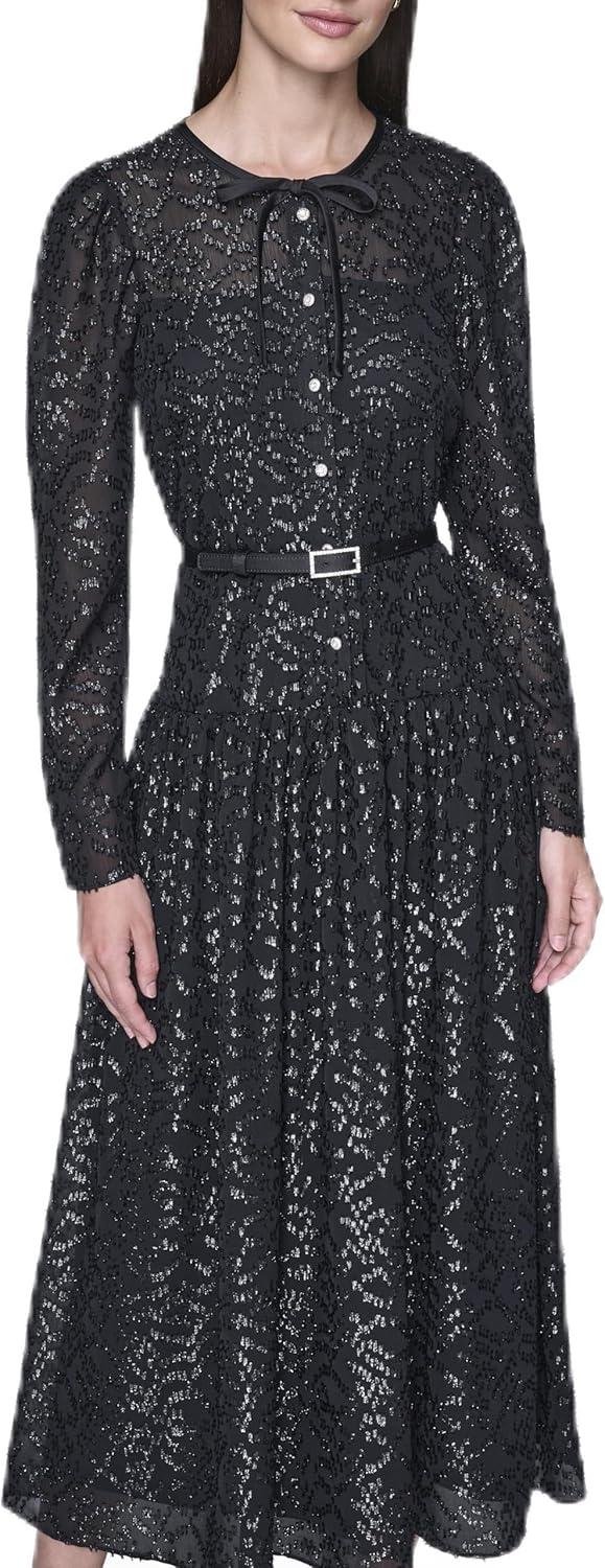 Karl Lagerfeld Women's Long Sleeve Crew Neck Rhinestone Buckle Belt Chiffon Midi Dress