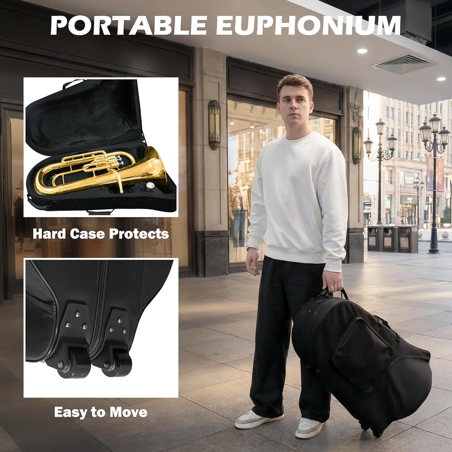Bb Brass Euphonium - Professional & Intermediate 3 Valve Bb Key Instrument - Gold Lacquer Finish with Stainless Steel Pistons - Includes Hard Case, Mouthpiece, Gloves, Polishing Cloth