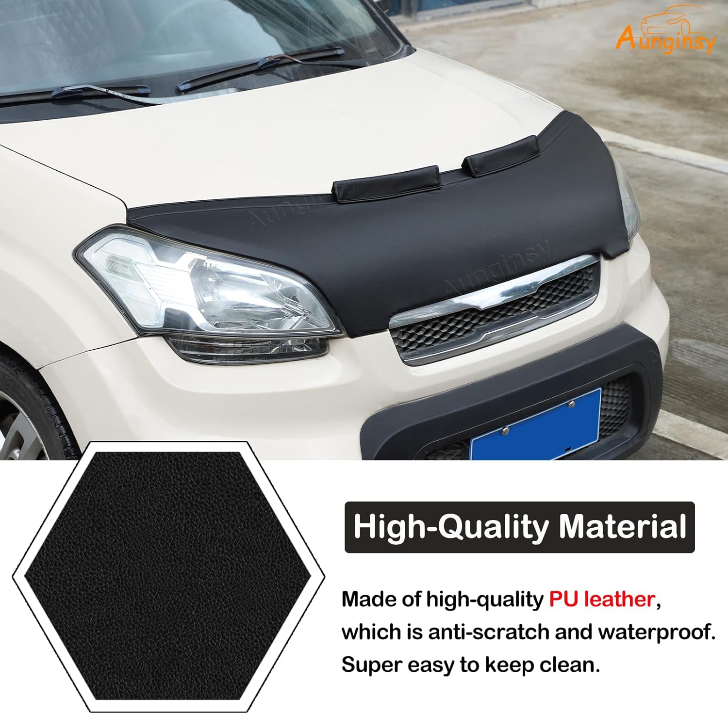 Aunginsy Car Hood Protector Bra Compatible with Kia Soul 2009-2013 Auto Front Engine Hood Cover Black Leather Protector Cover Half Hood Bonnet Bra Front Car Cover Mask Hood Shield Exterior Accessories