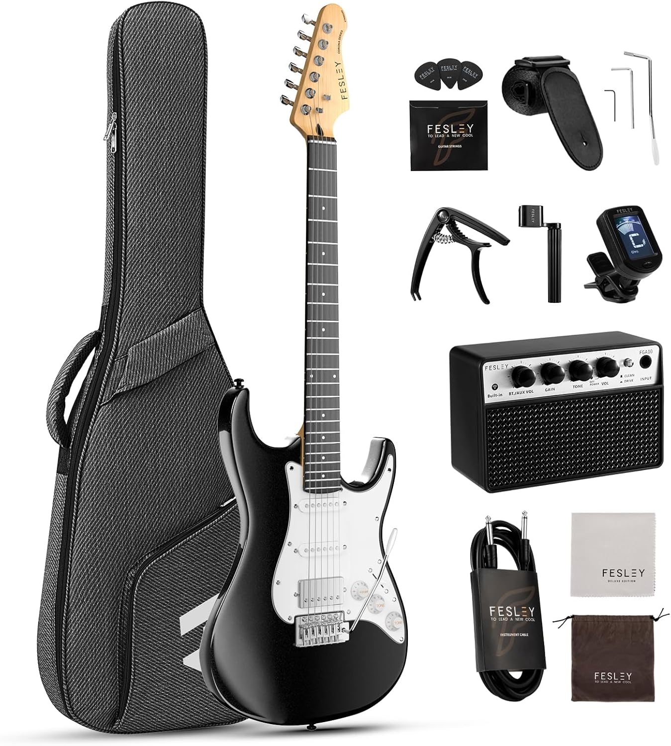 Fesley 39 Inch Electric Guitar: Beginner Electric Guitar Kit with HSS Pickup, Full Size Solid Body Guitar Starter Set with Amplifier, Bag, Strap, String, Cable, Picks, FST100, Black