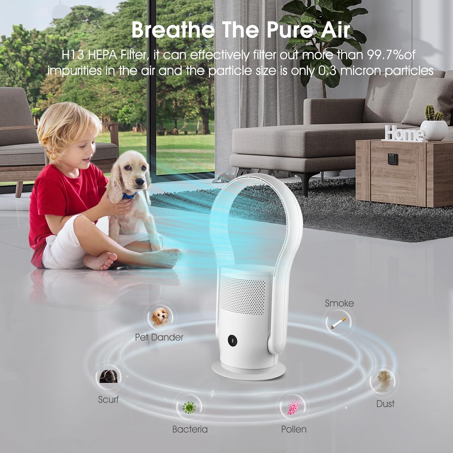 Bladeless Tower Fan with HEPA Filter, 80° Oscillating Bladeless Fan with Remote Control,9 Speeds, 8H Timer, Floor Fan for Home Bedroom, Office, White