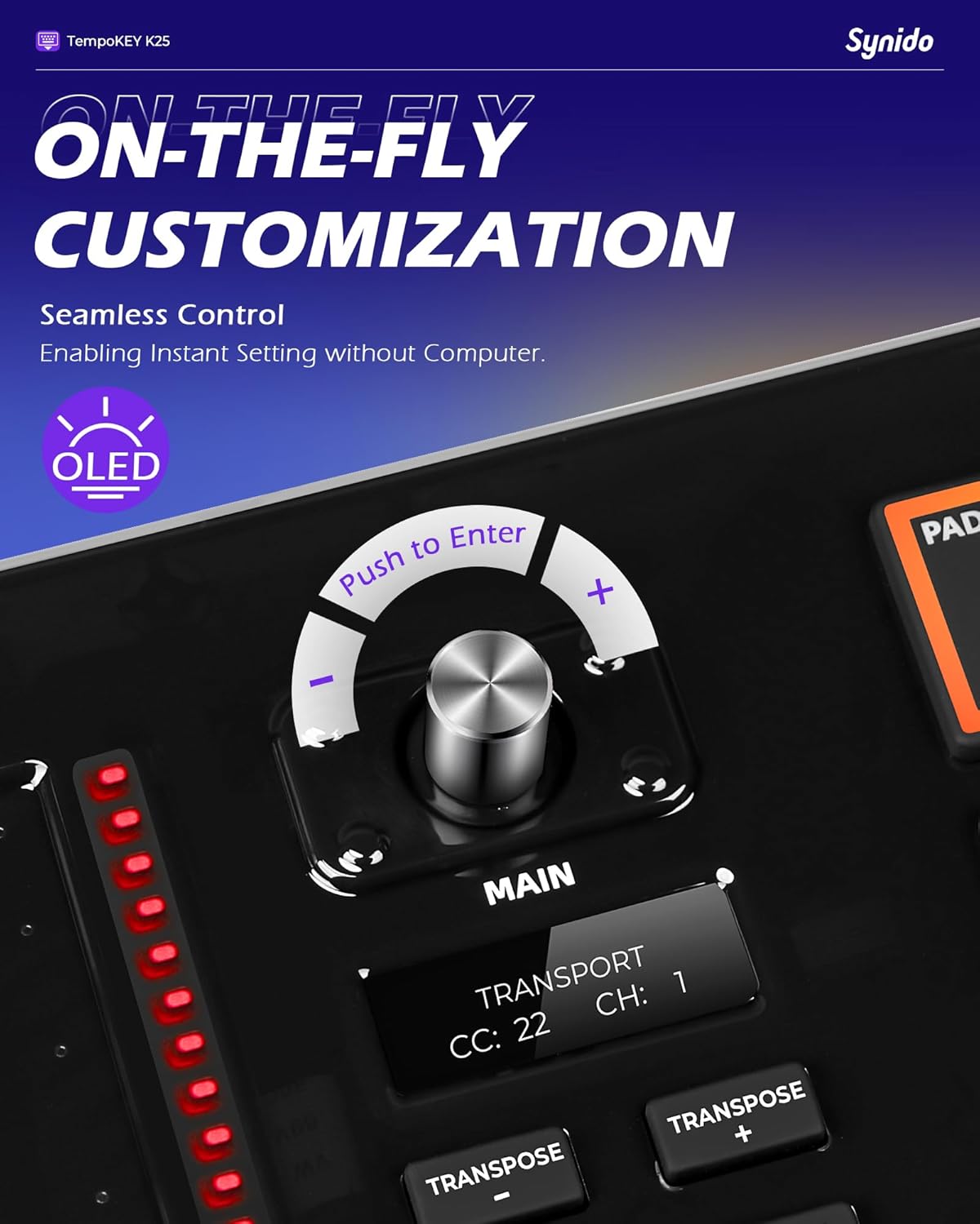 Synido TempoKEY K25 USB C MIDI Keyboard with Wireless MIDI Pad Controller