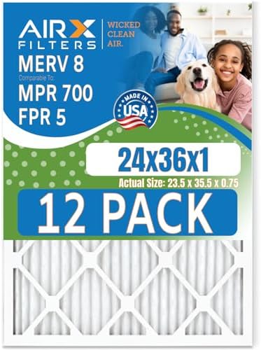 24x36x1 Air Filter MERV 8 Rating, 12 Pack of Furnace Filters Comparable to MPR 700 & FPR 5 - Made in USA by AIRX FILTERS WICKED CLEAN AIR.