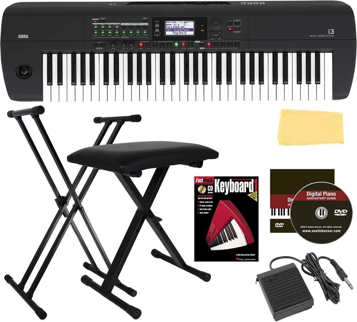 Korg i3 Music Workstation - Matte Black Bundle with Adjustable Stand, Bench, Sustain Pedal, Instructional Book, Austin Bazaar Instructional DVD, and Polishing Cloth