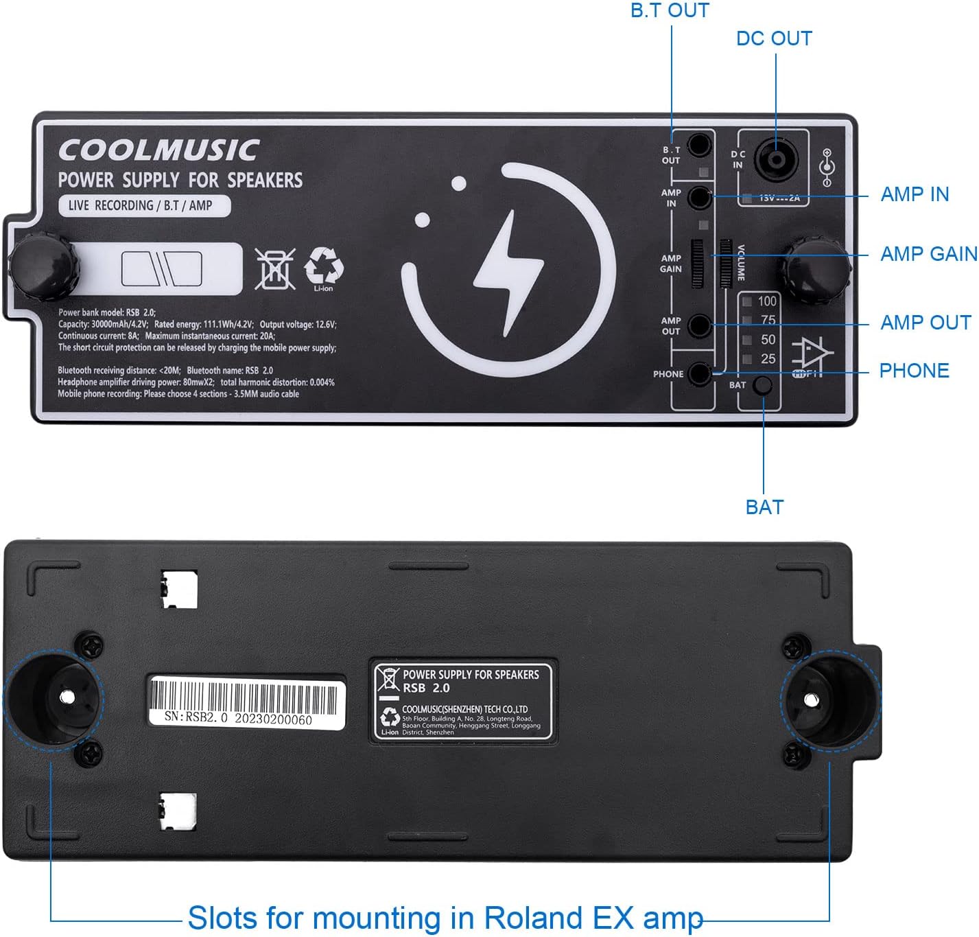COOLMUSIC Battery for Guitar Amplifier Roland Cube Street EX, Power Bank PRO，Rechargeable, Headphone Amp, Bluetooth，Backup