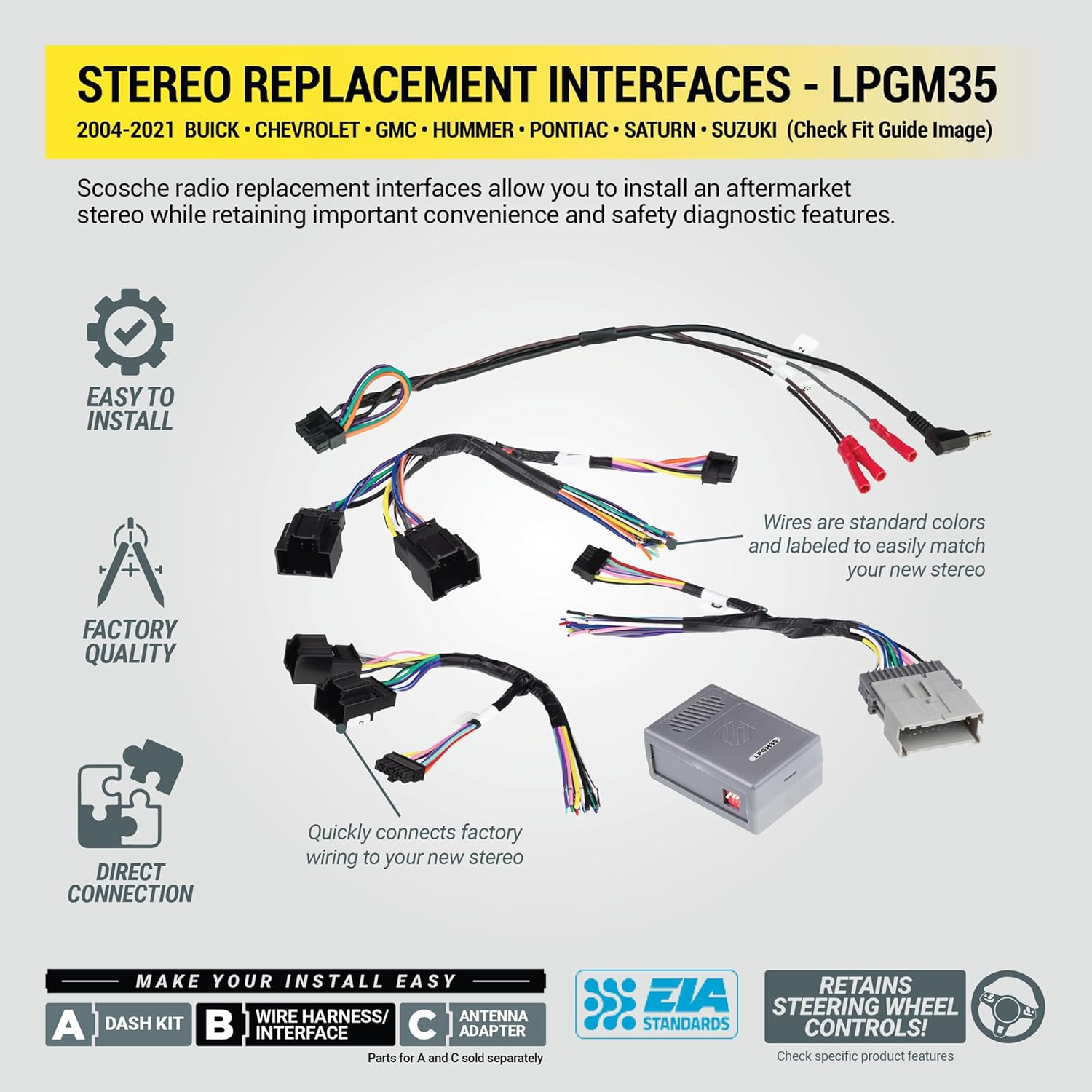 Scosche LPGM35 Link+ Factory Stereo Replacement Interface Adapter, Compatible with Select 2004-2021 GM Vehicles, Car Radio Wiring Harness, Retain Steering Wheel Control & OEM Amplifier