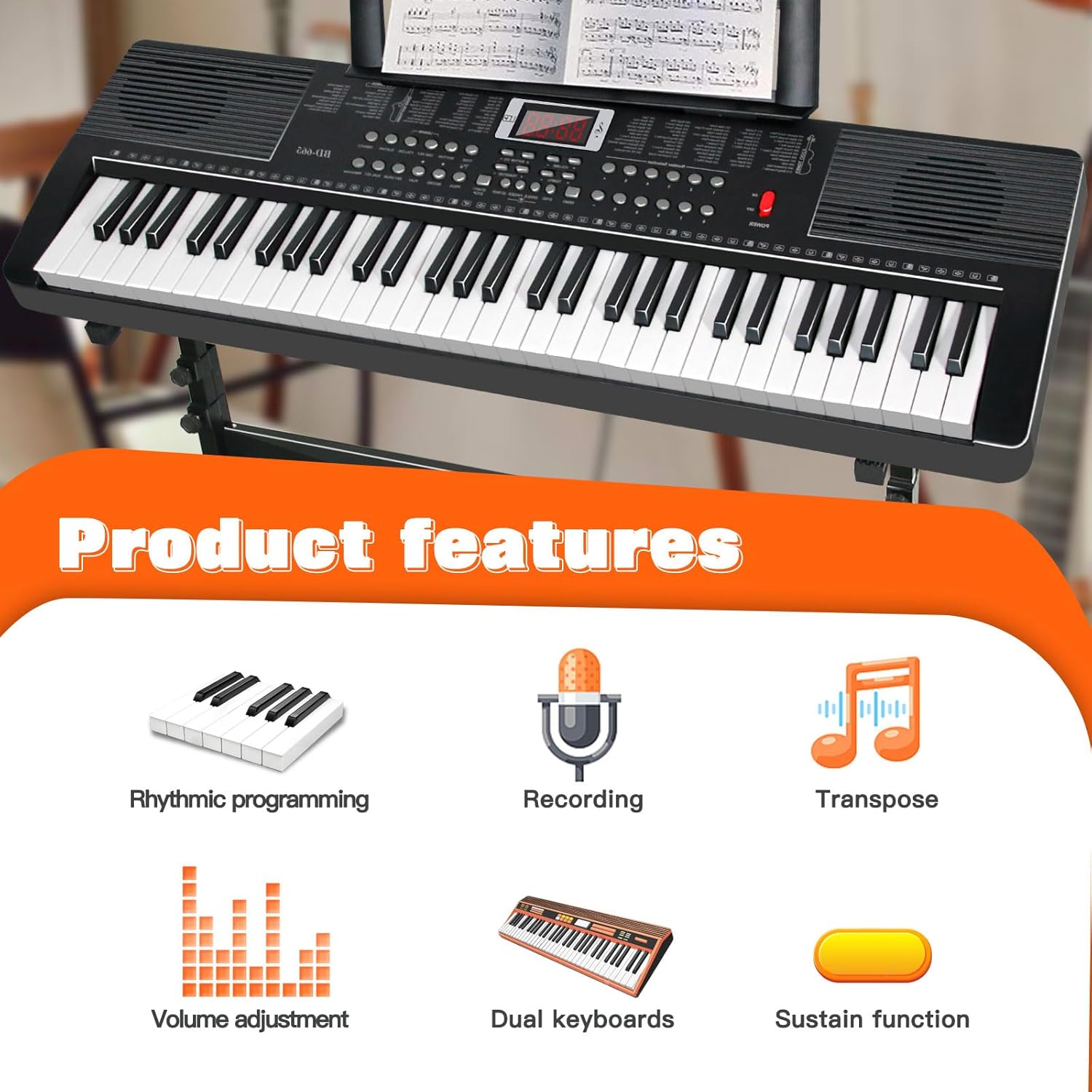 AQNIEGEP 61 Key Electric Keyboard Piano for Beginners w/Light-Up Keys, Christmas Gifts, Full Set: Stand, Bench, Headphones, Padded Bag, Note Stickers, 70 Demos, 200 Rhythms/Tones, LED Display