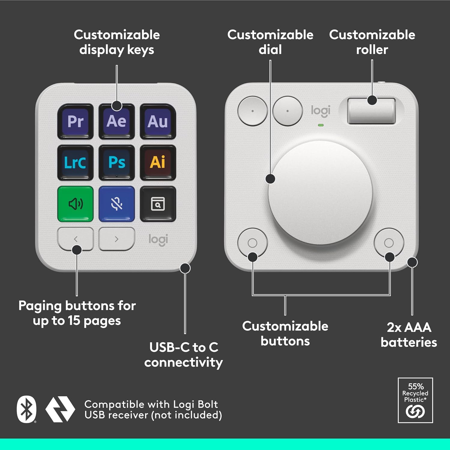Logitech MX Creative Console, 9 Customizable LCD Keys, Stream Deck Accessories, Control Dial for Graphic Design, Adobe, Zoom, Spotify - Pale Grey, 3-Month Adobe Creative Cloud Membership