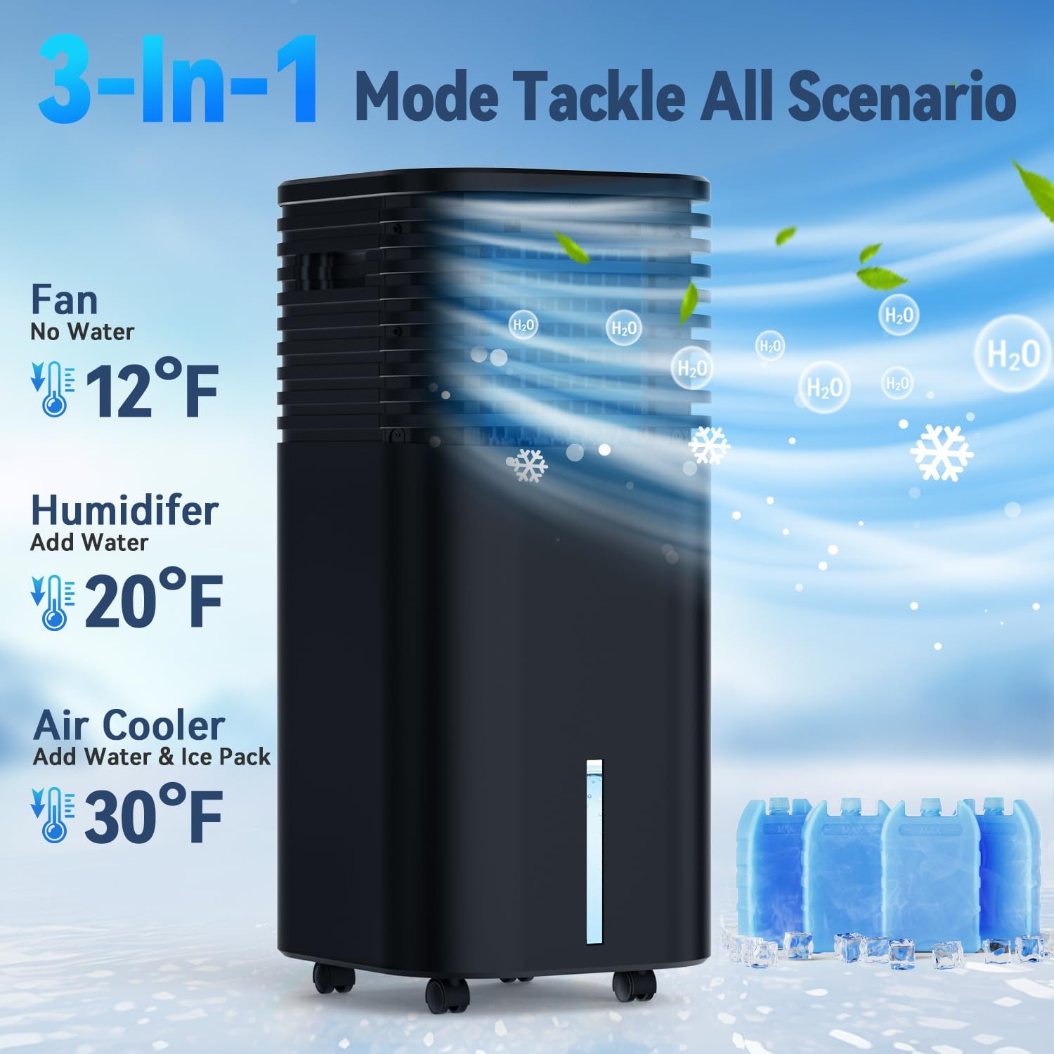 FANCOLE Windowless Portable Air Conditioners with 4Modes & 3Speeds, 15H Timer for Smart Auto-off, 2Gal Tank for 20H Cooling, Evaporative Air Cooler 17 FT Remote, 120° Swing Swamp Cooler No Hose Needed