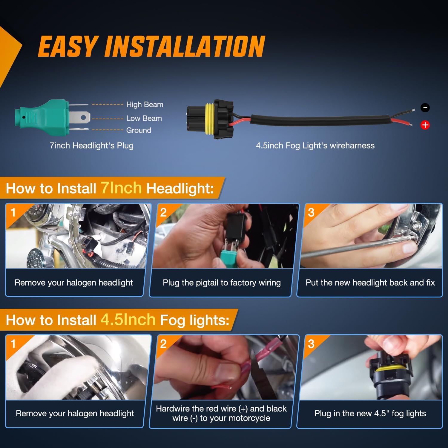 Nilight 7 Inch Motorcycle LED Headlight 4.5 Inch Fog Lights Auxiliary DOT Kit Compatible with Harley Davidson Electra Street Glide Fat Boy Road King Heritage Softail CVO, Chrome