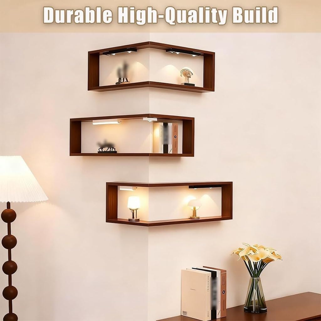 Smart Corner Shelves That Light up Your Space, Wall-Mounted Corner Shelf Display Rack, Easy to Install, 3-Tier Modern Storage Rack for Ornaments Figurines Collectibles with Lamp