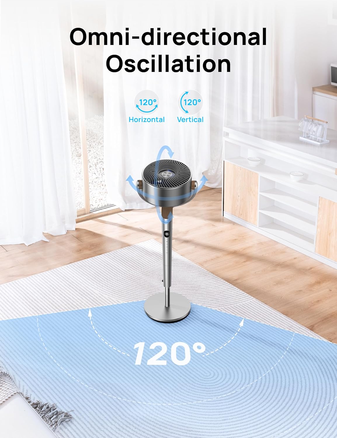 Dreo Fan for Bedroom, 120°+120°Omni-directional Oscillating Fan, DC Motor, 20 dB Quiet Standing Pedestal Fans, 90ft, 8 Speeds, 3 Modes Circulator with Remote, 35-40