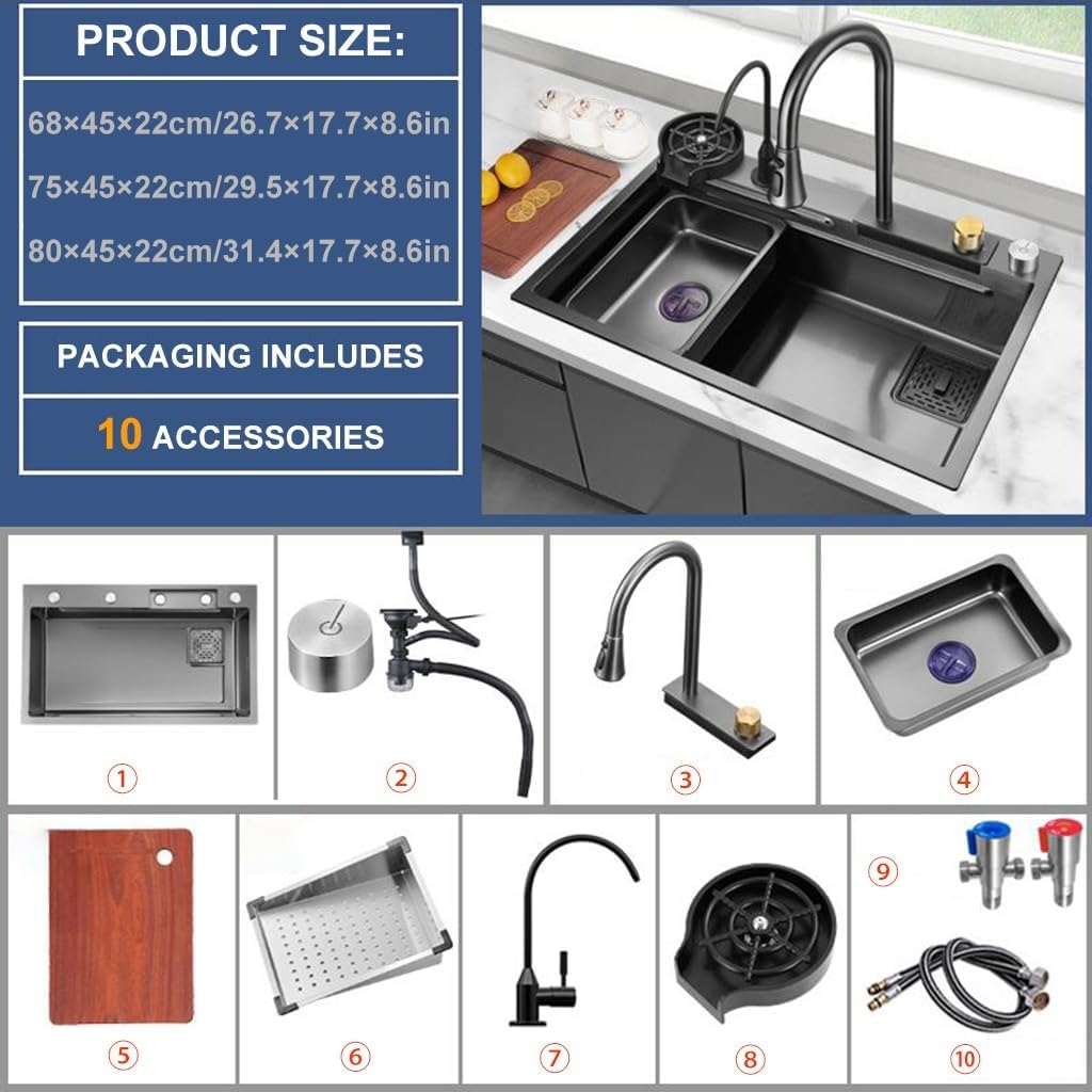Waterfall Kitchen Sink Single Bowl Stainless Steel Bar Sink with Pull-Out Faucet, Booster Cup Washer Chopping Board and Other Accessories (Color : Black, Size : 80x45x22cm)