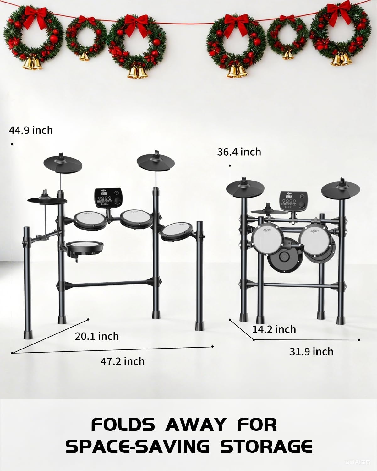 AiJoy Electric Drum Set with Quiet Mesh Pads, 5 Drums, 3 Cymbals, Dual-Zone Snare, USB MIDI, Intelligent Sound Module, Drum Throne, Headphones, Sticks, 25 Kits & 195+ Sounds for Beginners & Adults