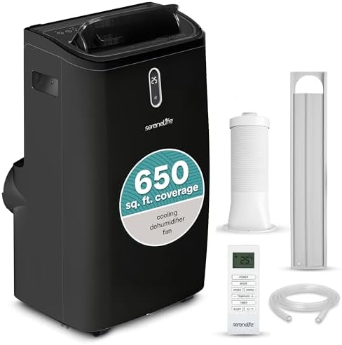 SereneLife 14,000 BTU Portable Air Conditioner - Compact Room Air Conditioner with Dehumidifier & Fan, Mini AC Unit for Rooms Up to 650 Sq. Ft., Window Kit Included, Rolling Wheels, Black