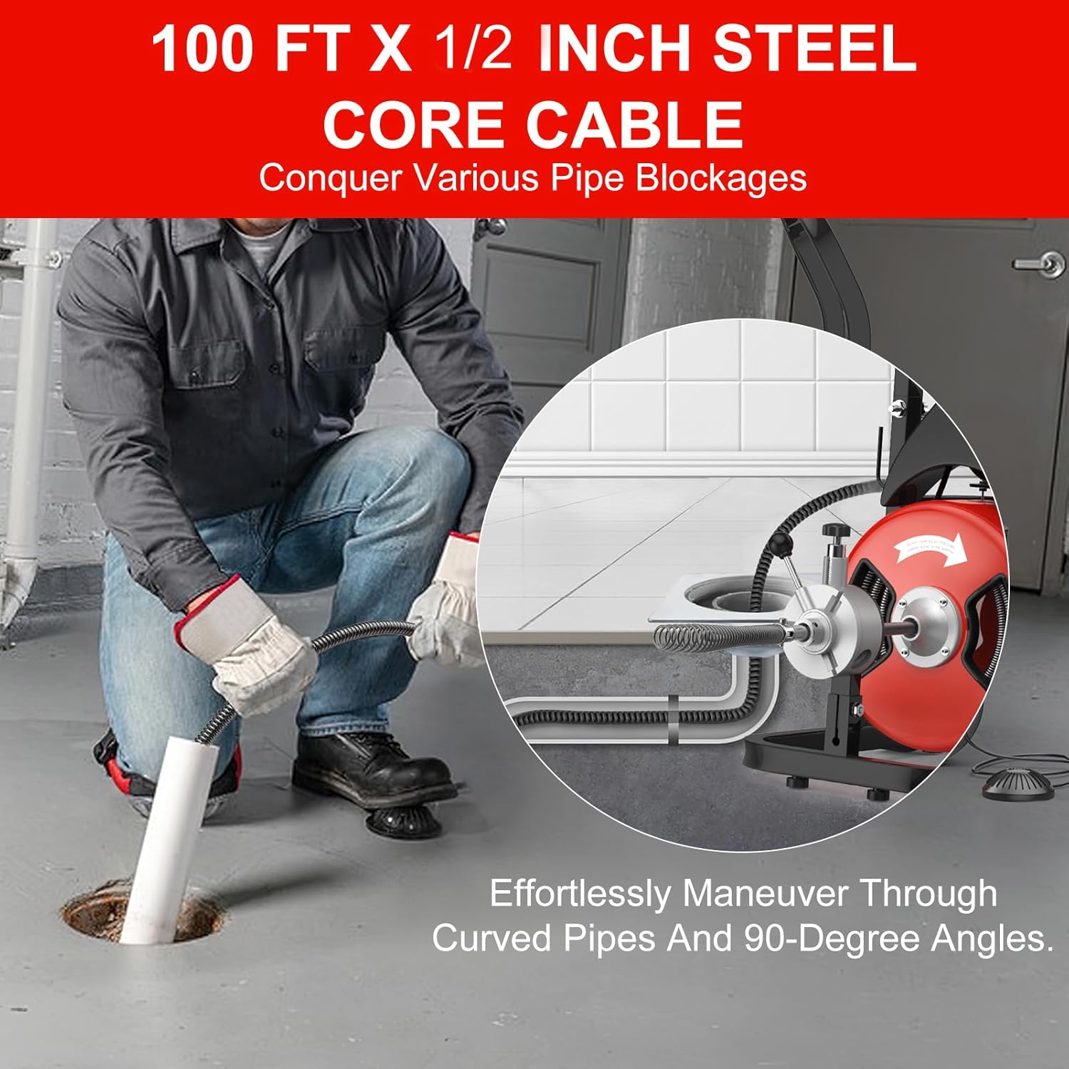 Drain Cleaner Machine,Drain Auger 100ft x 1/2 Inch Drain Cleaning Machine,450W Drain Snake with 4 Cutters & Air-activated Foot Switch for 2