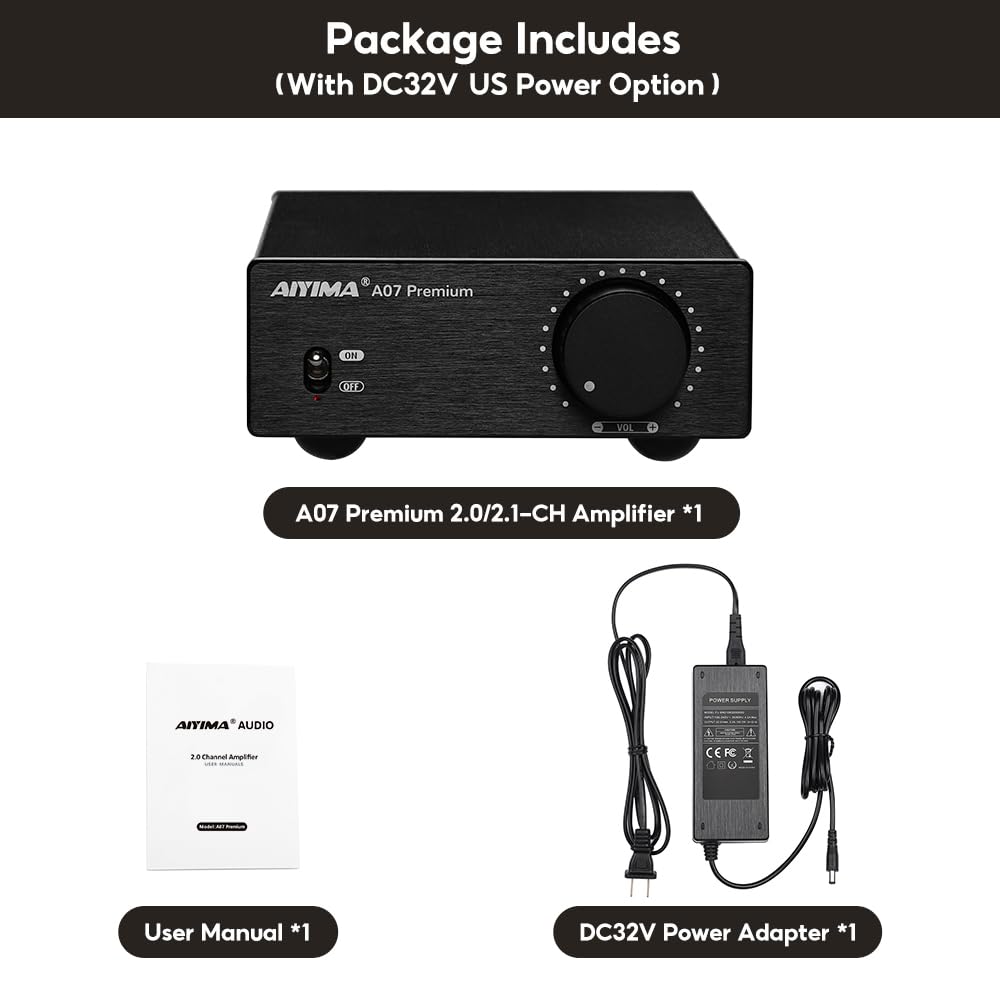 AIYIMA A07 Premium TPA3255 Power Amplifier 300Wx2 HiFi Class D Amp Mini 2 Channel Stereo Amplifier with Pre-Out for Desktop Bookshelf Speaker Home Audio System & DC32V 5A Power Adapter