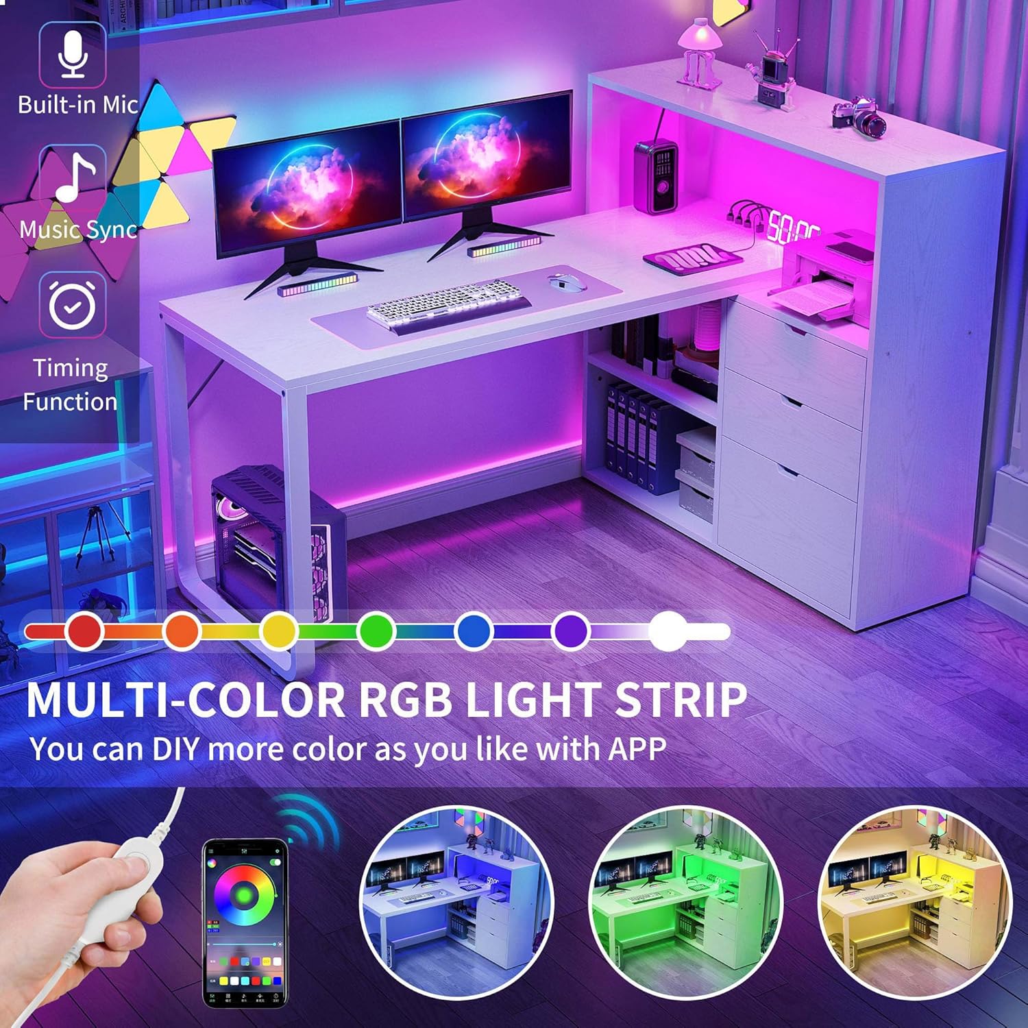 DWVO L Shaped Desk with Drawers, 55