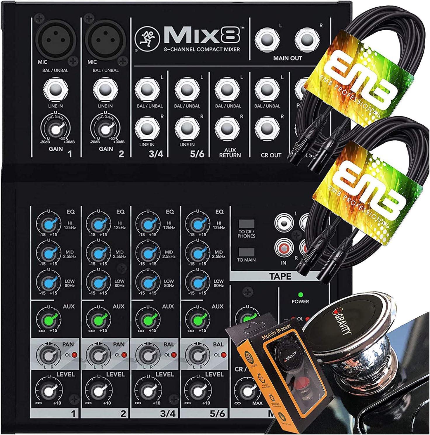 Mackie -Mix8- Compact 8-Channel Desktop Analog Midsize Mixer for Live Sound 2 Mic/Line Input Channels with Pair of EMB XLR Cable and Gravity Magnet Phone Holder Bundle (2)
