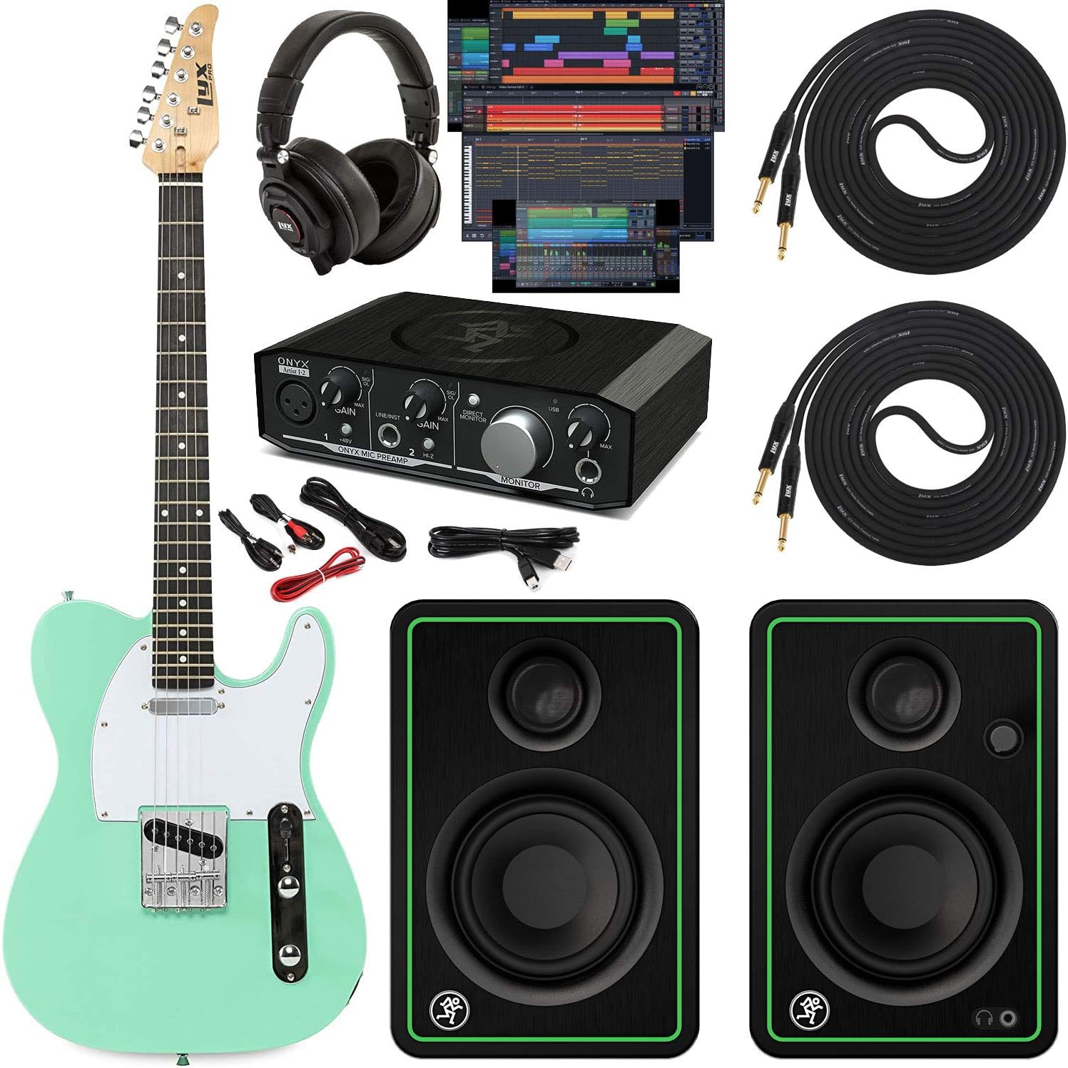 LyxPro Full-Size 39” Electric Telecaster Guitar Green, Solid Wood, Mackie Onyx Artist 2-2 Audio/Midi interface With Pro Tools First/Tracktion Music Production Software Kit, Professional Headphones