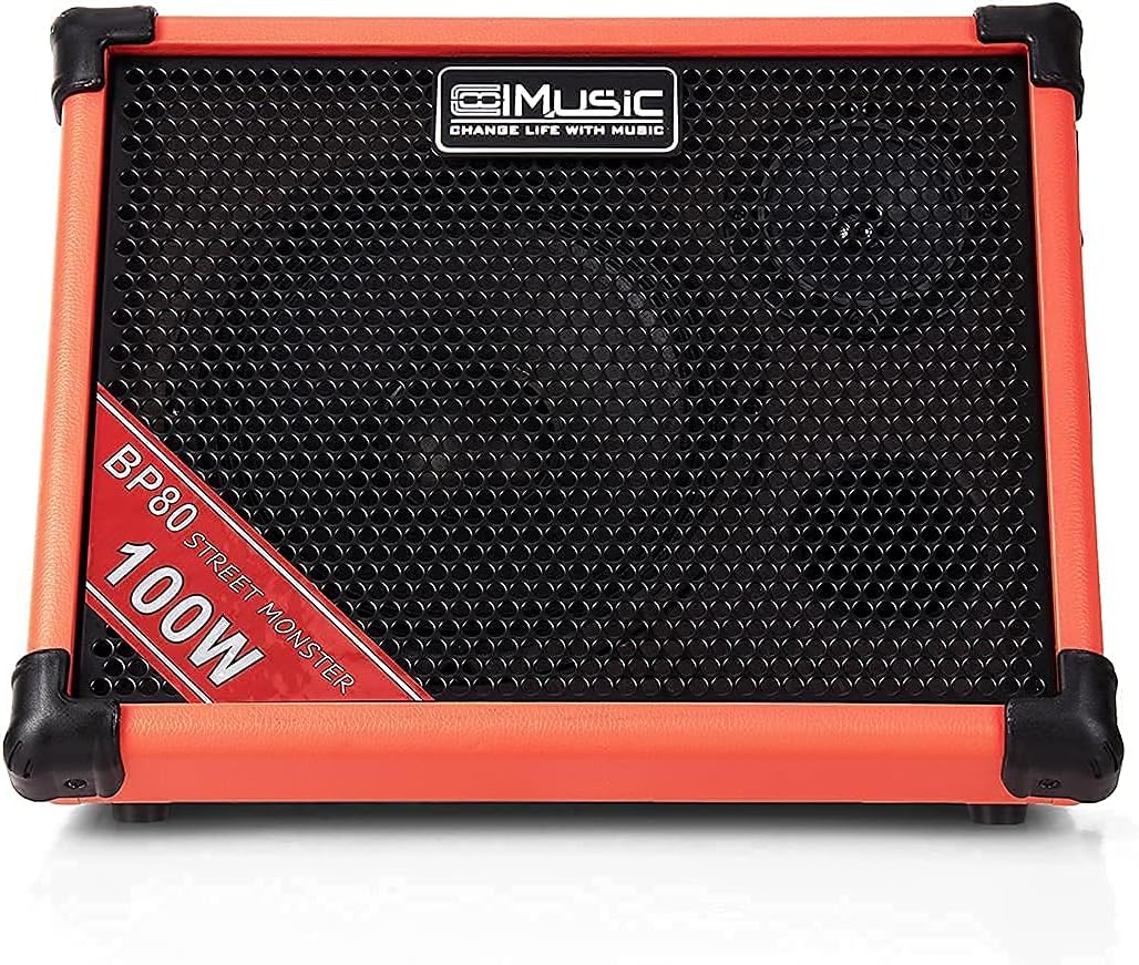Coolmusic BP80 Battery Powered Acoustic Guitar Amplifier- Portable Bluetooth Speaker 100W, 6 Inputs,3 Band EQ,Orange