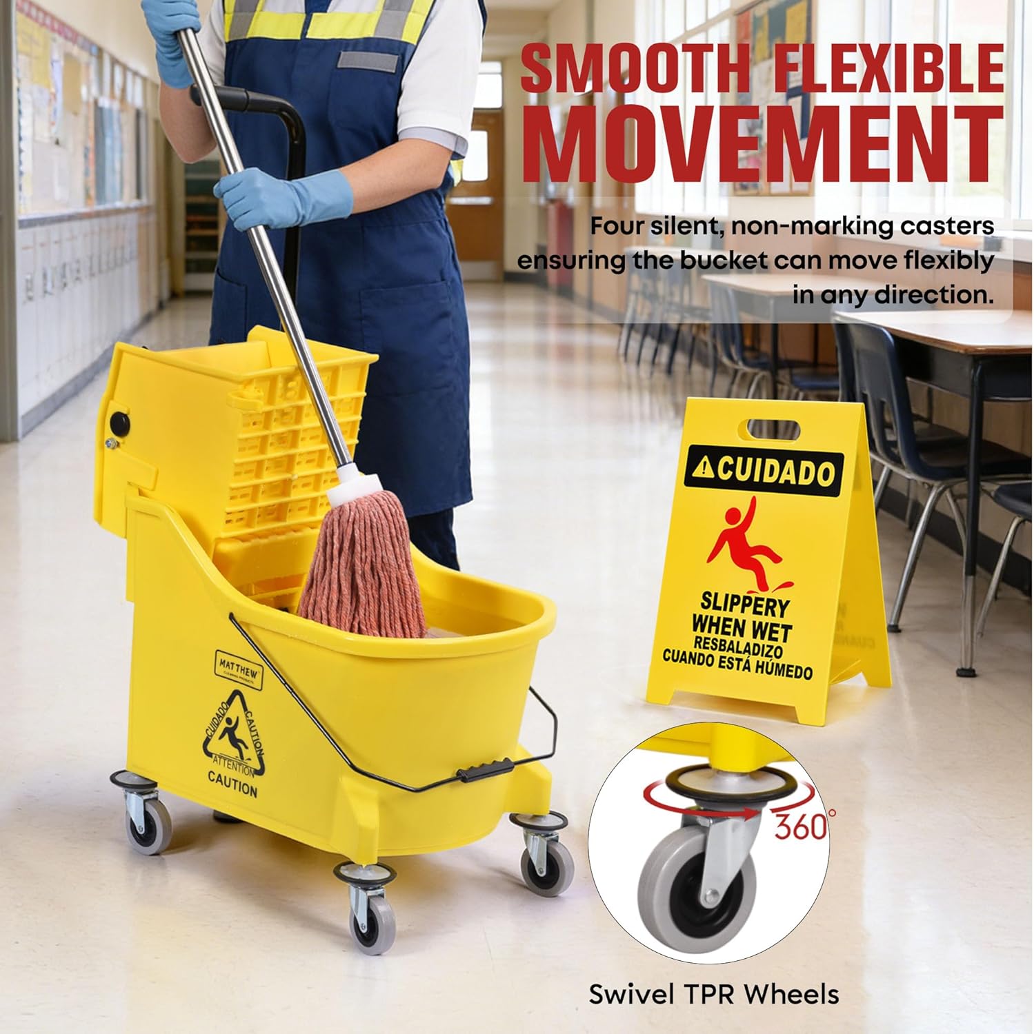 Matthew Cleaning 44Quart Commercial Mop Bucket INCL.Wet String Mop& 19'' Industrial Wet Floor Sign with Side Press Wringer On Wheels,Tandem Portable Floor Cleaning Wavebrake,Ideal for Household