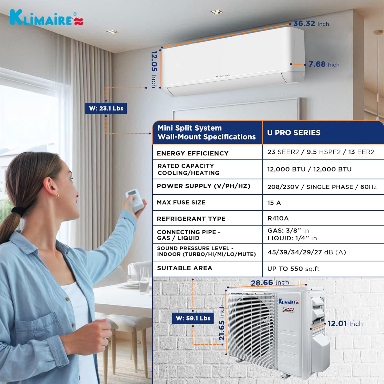 Klimaire 12,000 BTU 23 SEER2 Wall Mounted Ductless Mini Split Inverter A/C Heat Pump System w/ 16’ Installation Kit & Wall Mounting Bracket 230V
