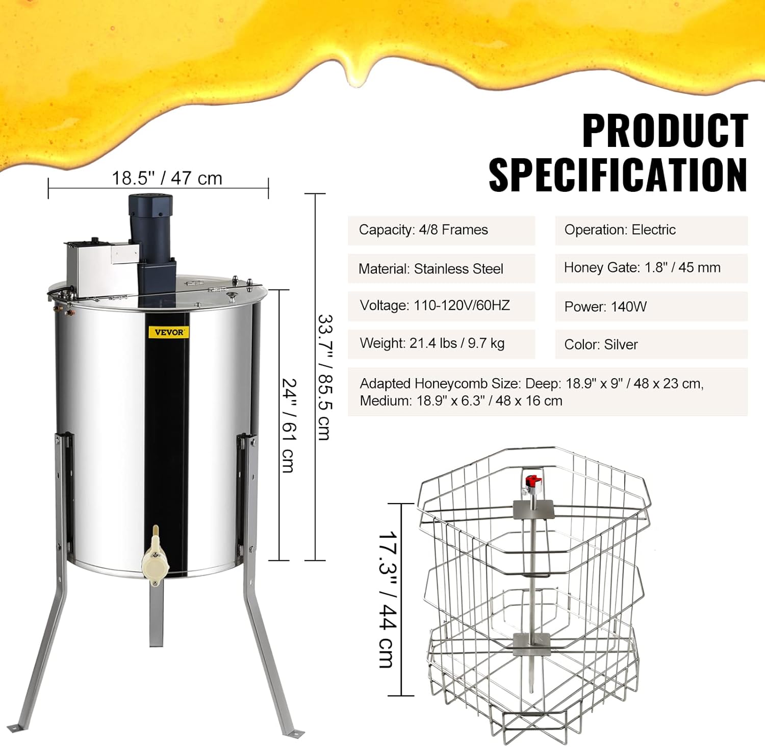 VEVOR Electric Honey Extractor, 4/8 Frame Stainless Steel Beekeeping Extraction, Honeycomb Drum Spinner with Transparent Lid, Apiary Centrifuge Equipment with Height Adjustable Stand, Silver