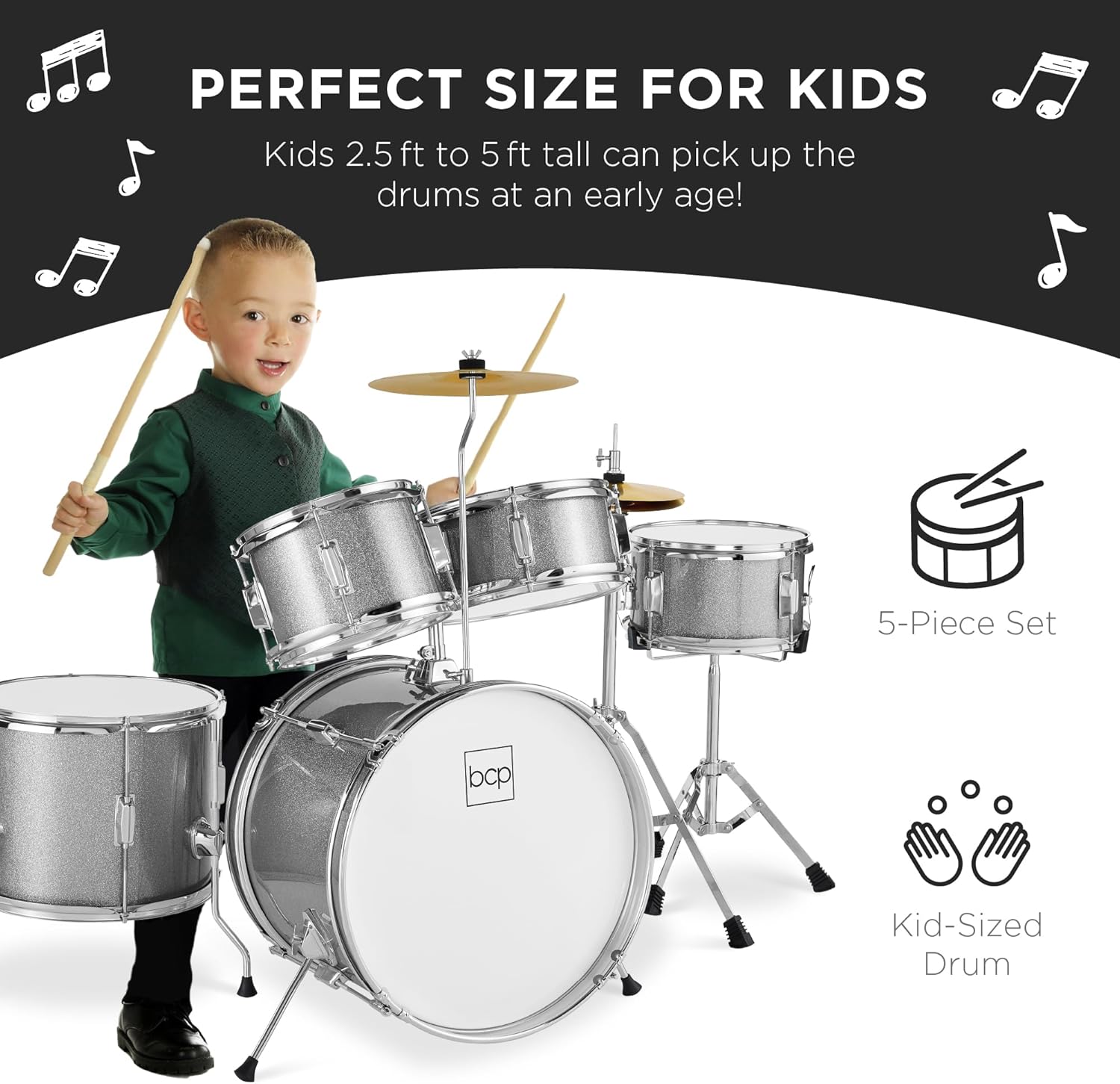 Best Choice Products Kids 5-Piece Beginner Drum Set Junior Kit, Starter Percussion w/Cymbals, Pedal, Toms, Snare, Drumsticks, Stool - Silver Sparkle