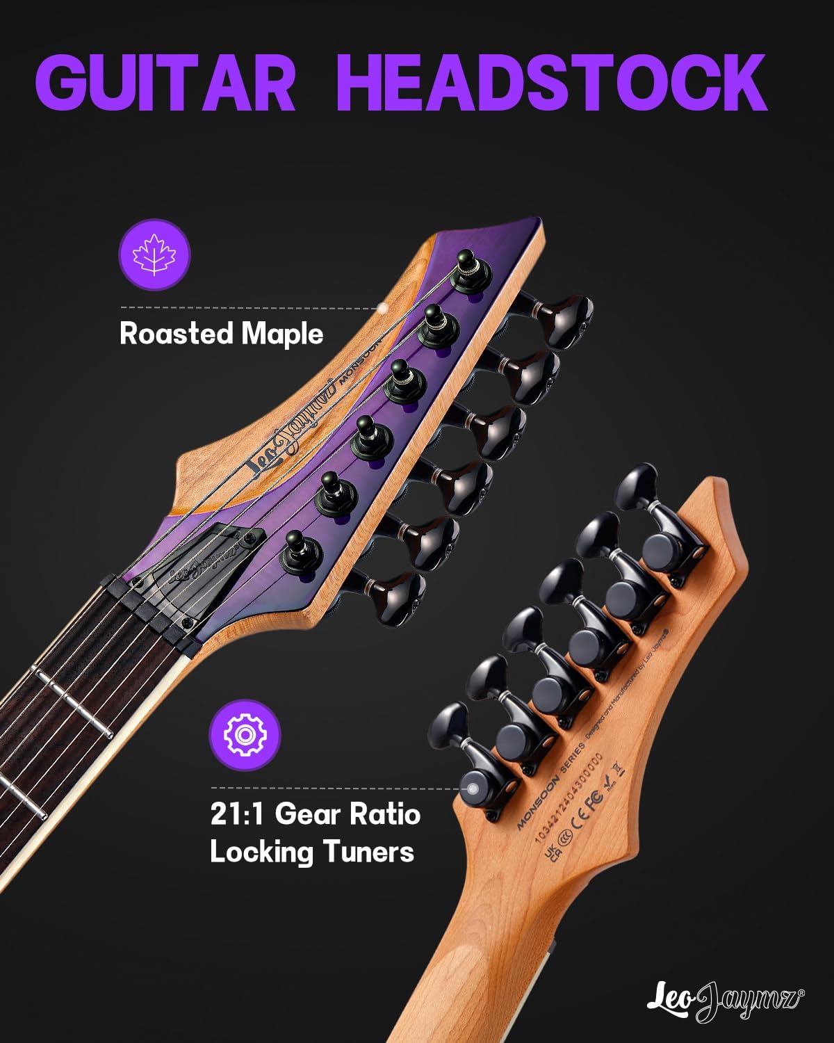 Leo Jaymz Electric Guitar Monsoon Series,Reverse Headstock,Mahogany Body,Roasted Maple Neck,Rosewood Fretboard,Locking Tuners,Rounded End Frets (Violet Flame)