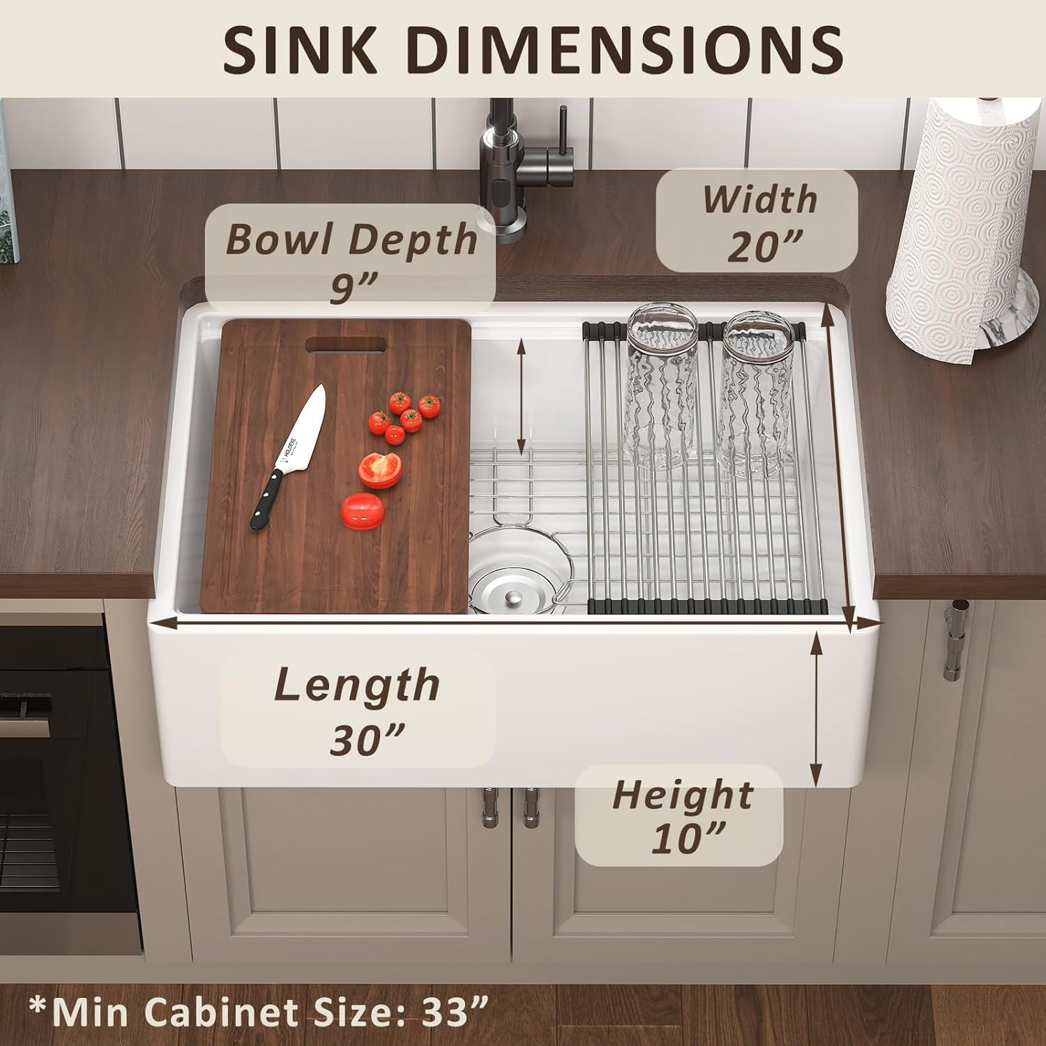30 Inch Workstation Farmhouse Sink, White Fireclay Apron Front Kitchen Sink, Rectangular Undermount Sinks, Deep Deep Drop-in Single Bowl Reversible Sinks with Accessories