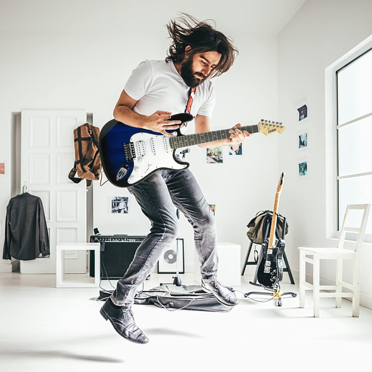 Ermik Soild Body Electric Guitar Kit with Amp 20W, Strings, Strap, Digital Tuner, Picks, Gig Bag, Cable, Tremolo Bar, 39