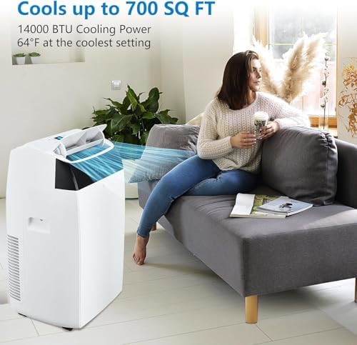 14000BTU Portable Air Conditioner With Remote Control, Dehumidifier, Fan, 3-In-1 Stand UP AC Units Cool Up to 750 Sq. Ft., LED Touch Control, 24-Hour Timer, Window Vent Kit