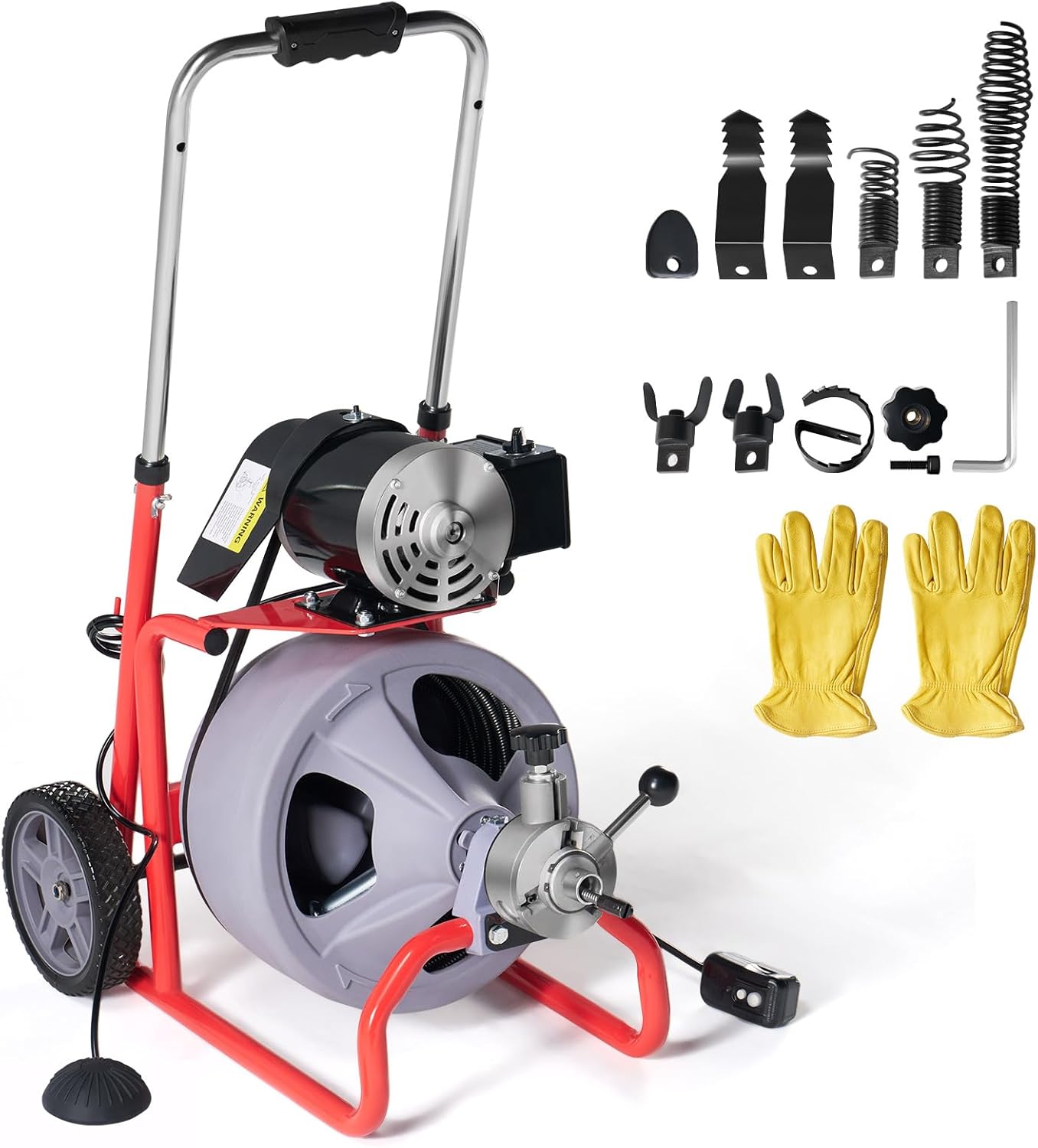 Albott 75 FT x 3/8 inch Electric Drain Cleaner Machine with Auto-Feed & 9 Cutters, Sewer Snake Auger for 1–4 Inch Pipes, Foot Switch & Wheels, Ideal for Home & Commercial Use, Grey/Red