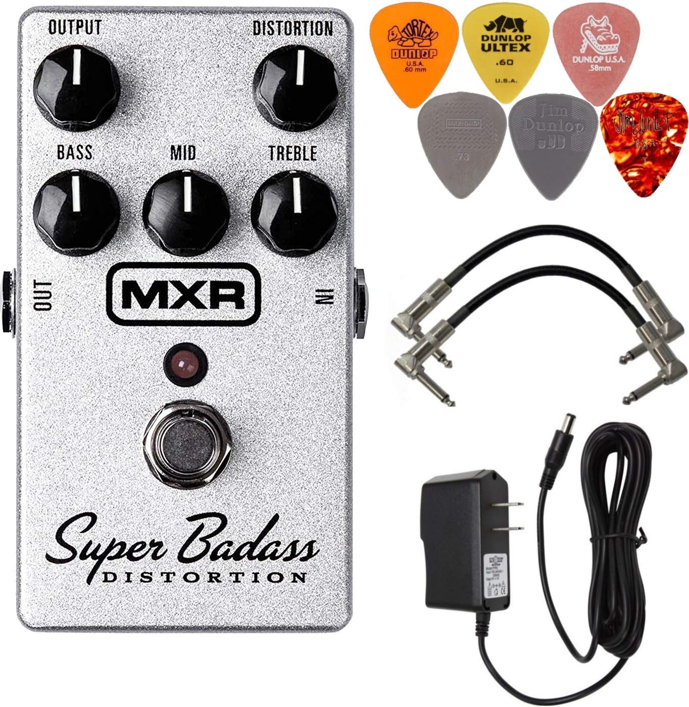 MXR M75 Super Badass Distortion Guitar Effects Pedal with Power Supply, 2 Patch Cables, and 6 Dunlop Picks