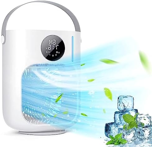 Portable Air Conditioner Fan, Personal Mini Evaporative Air Cooler Desk Cooling Fan Small AC Humidifier LED Display USB with 1000ML Large Capacity,for Bedroom Home Camping Office