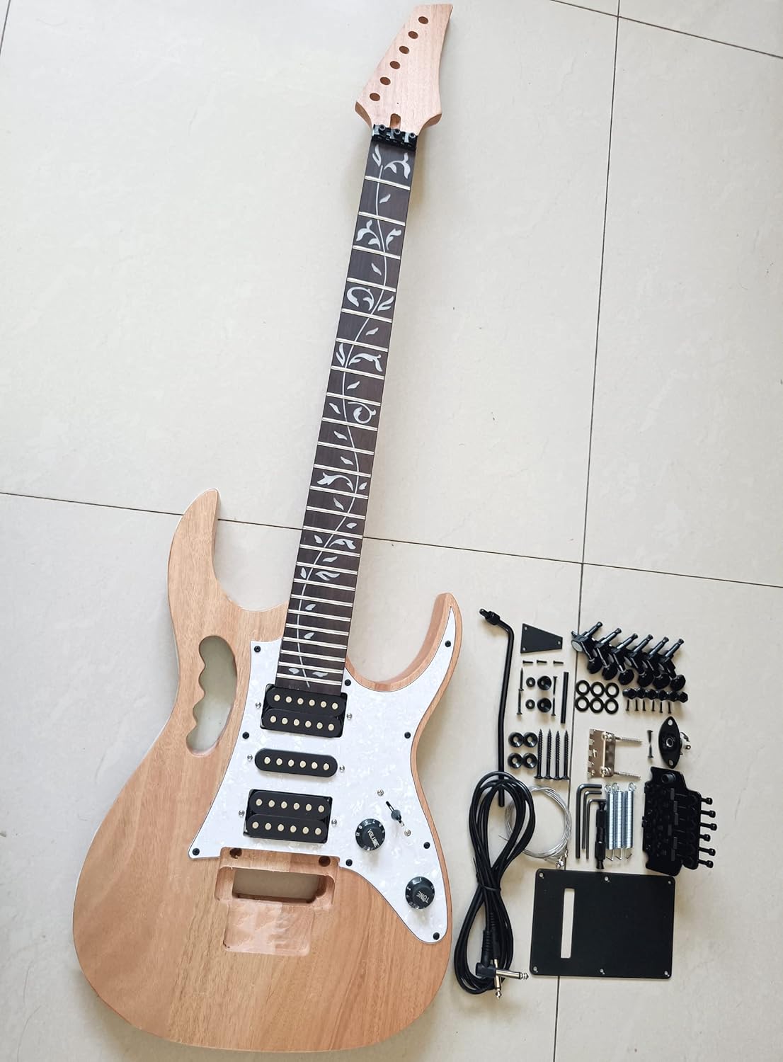 sdwutong Unfinished Electric Guitar Kit Set Electric Guitar Kits in IBZ Style - Mahogany Body and Neck - Rosewood Fingerboard and All Components Included (7V)