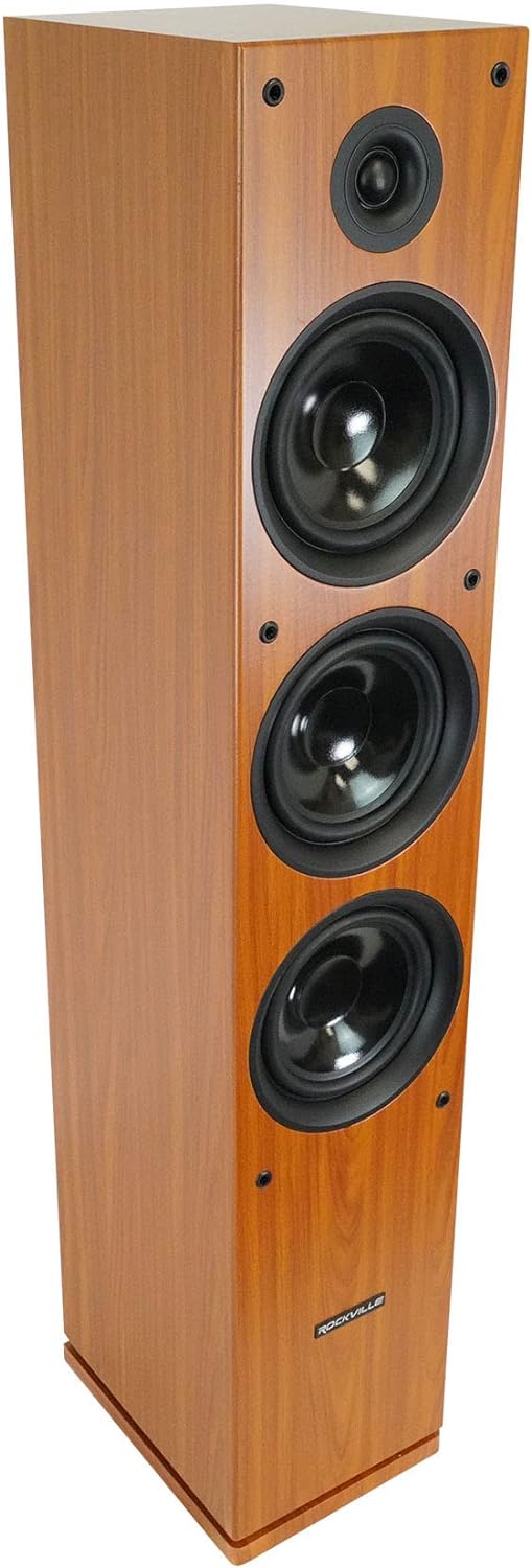 Rockville RockTower 68C Passive Tower Speaker, 8 Ohm, Classic Wood Grain, 500W Peak, 3-Way, Dual 6.5