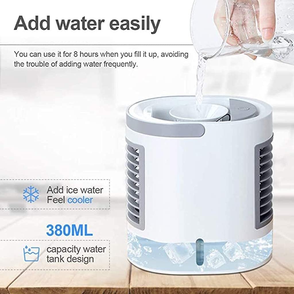 Portable Air Cooler for Home & Office, Mini Air Conditioner with 3 Speed Levels, Humidifier, 7 Color Night Light, and 380ml Water Tank