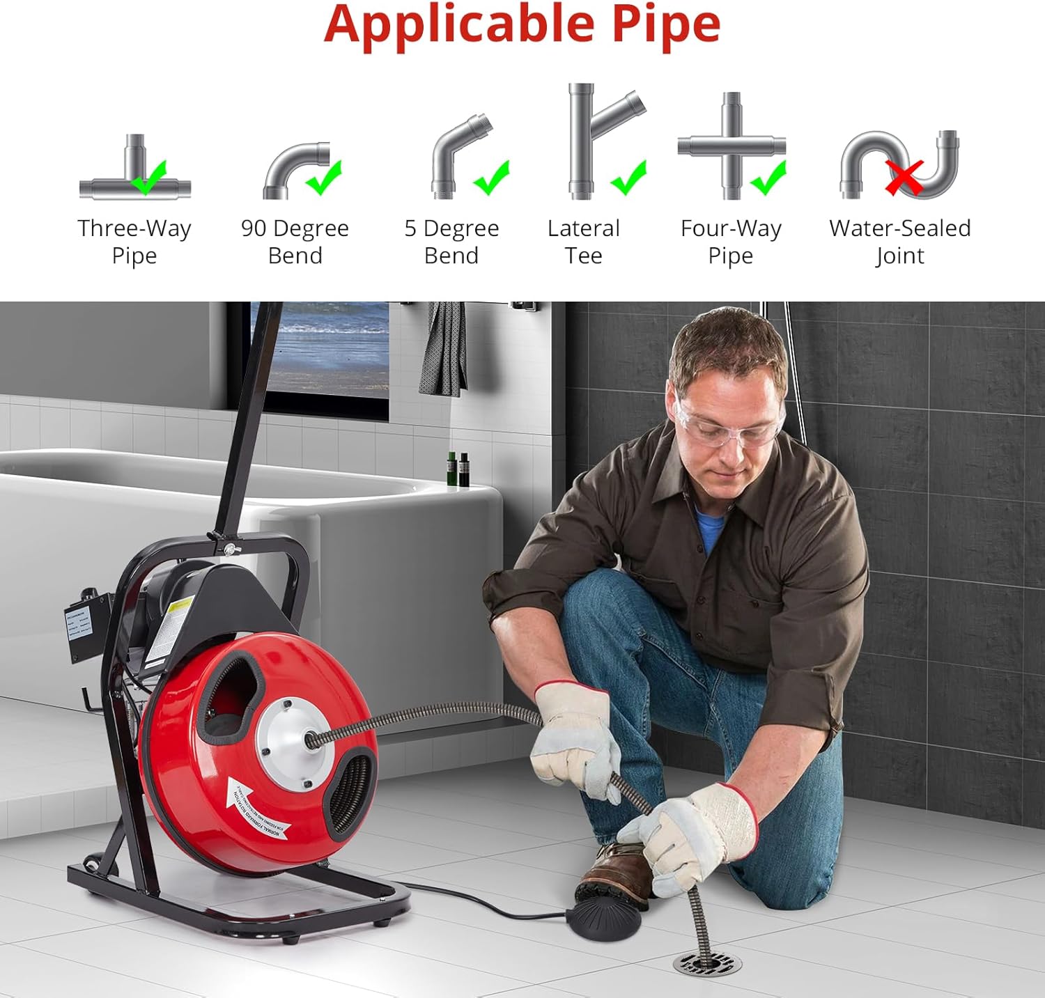 50 FT x 1/2 Inch Drain Cleaner Machine with 250W Motor, Manual Feed Sewer Snake Auger with 4 Cutters & Air-Activated Foot Switch, Semi-Enclosed Drum Drain Cleaning Tool for 2