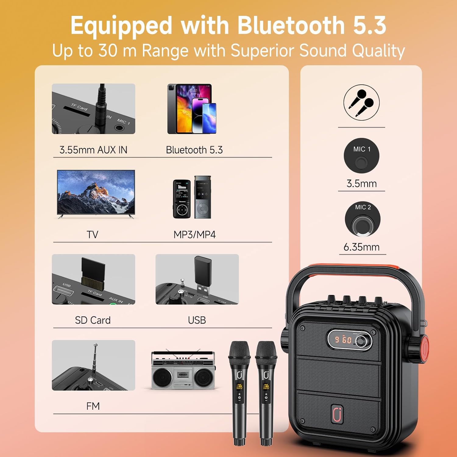 JYX Karaoke Machine with 2 Wireless Microphones, Portable Bluetooth Speaker PA System with Shoulder Strap, Subwoofer Support TWS, USB, Radio, AUX, REC, Bass&Treble for Home Party/Meeting/Adults/Kids