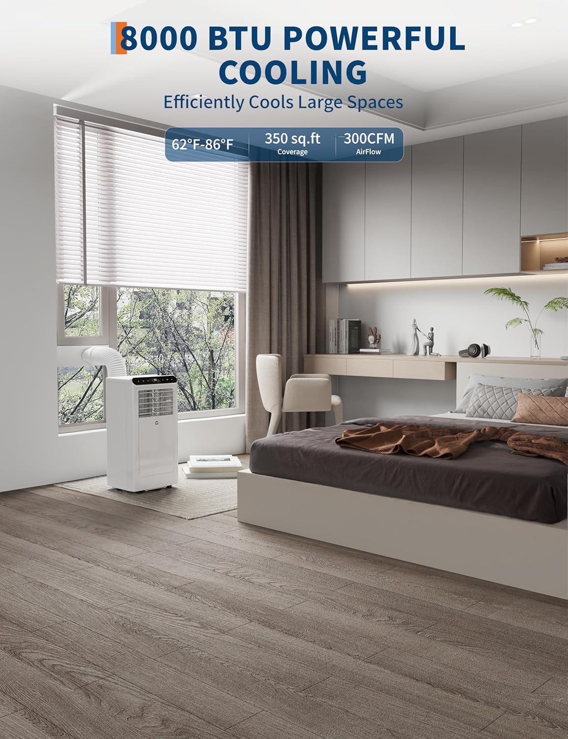 8000 BTU Portable AC Unit, Multi-Function Portable Air Conditioners with Cooling, Dehumidifying, and Fan Modes, Quiet Operation, Remote Control, Ideal for Rooms up to 350 Sq.Ft, White & Black