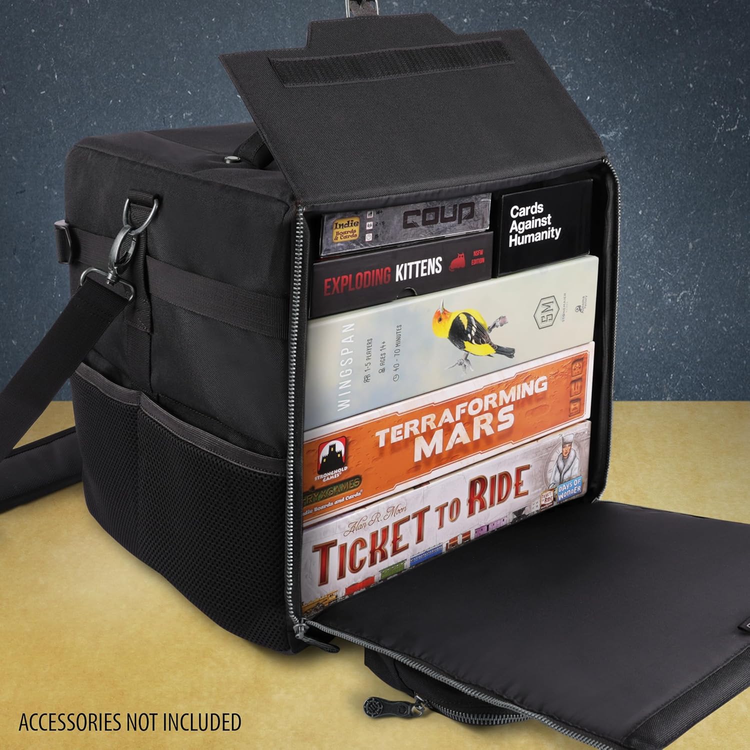 ENHANCE Board Game Shoulder Bag - Collector's Edition Board Game Storage with Shoulder Strap and Accessories Pockets for Dice, Cards, More - Reinforced Carrier Protects Tabletop Games (Dragon Black)