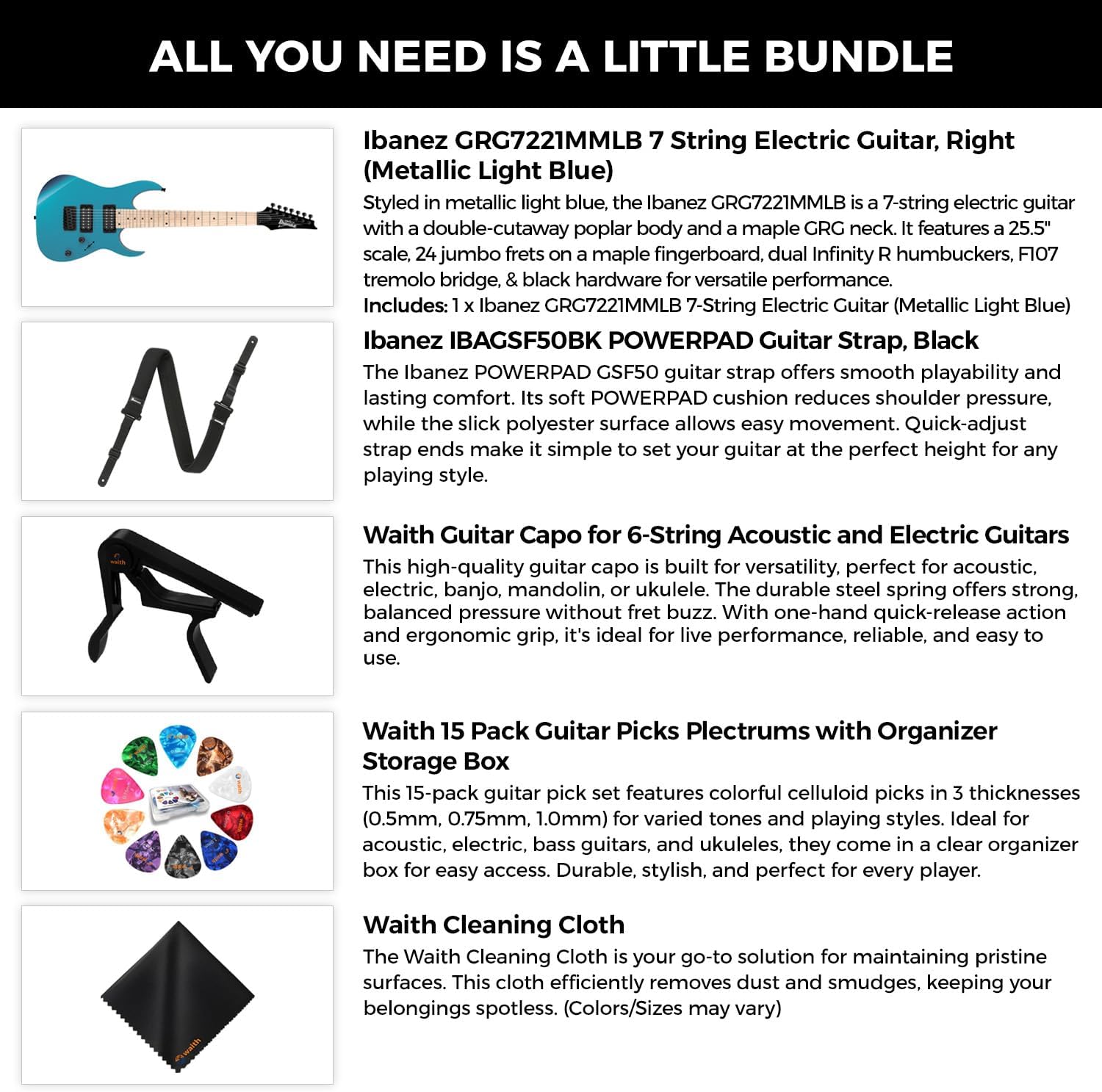 Ibanez GRG7221MMLB 7-String Electric Guitar (Metallic Light Blue) - Right Handed Bass with GSF50 Powerpad Strap, String Capo, 15 Pack Guitar Picks with Storage Box & Cleaning Cloth (Bundle Set)