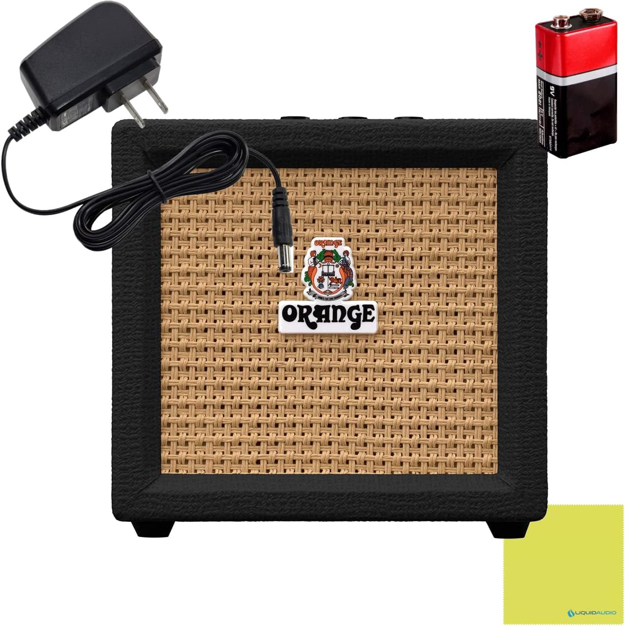 Orange Crush Amp Black Mini 3W Analogue Combo Battery Powered Amp Bundle with AC Power Adapter, 9V Battery & Polishing Cloth - Electric Bass Guitar Amp, Portable Practice Amp, Mini Speaker Amplifier